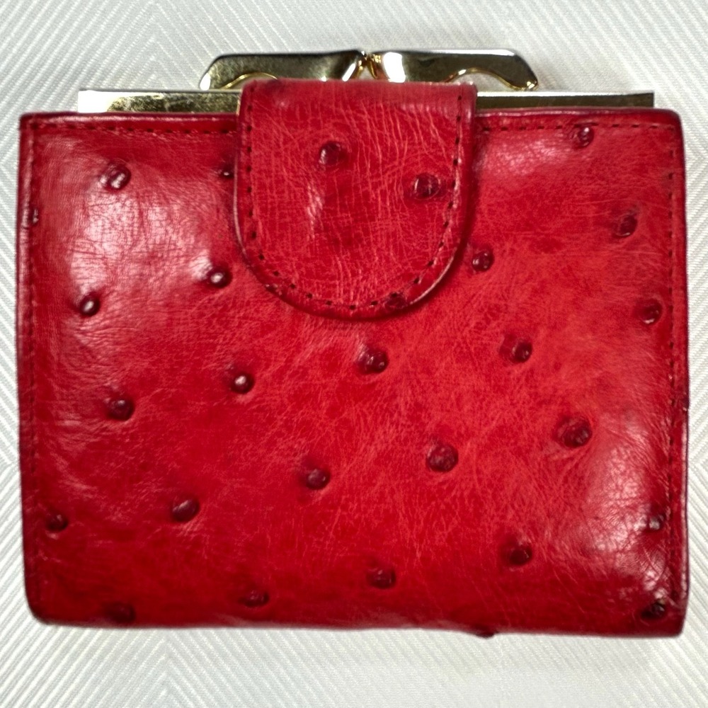 Vintage Red Ostrich Leather Wallet  w/Gold Clasp, Cardholder, Coins, Paper Money